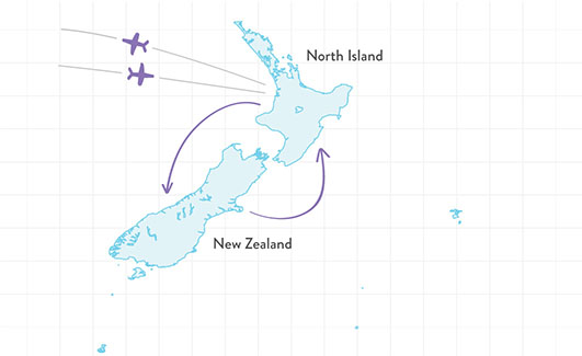 Mapa vašej dovolenky na Novom Zélande - spoznávací pobyt autom po severnom a južnom ostrove